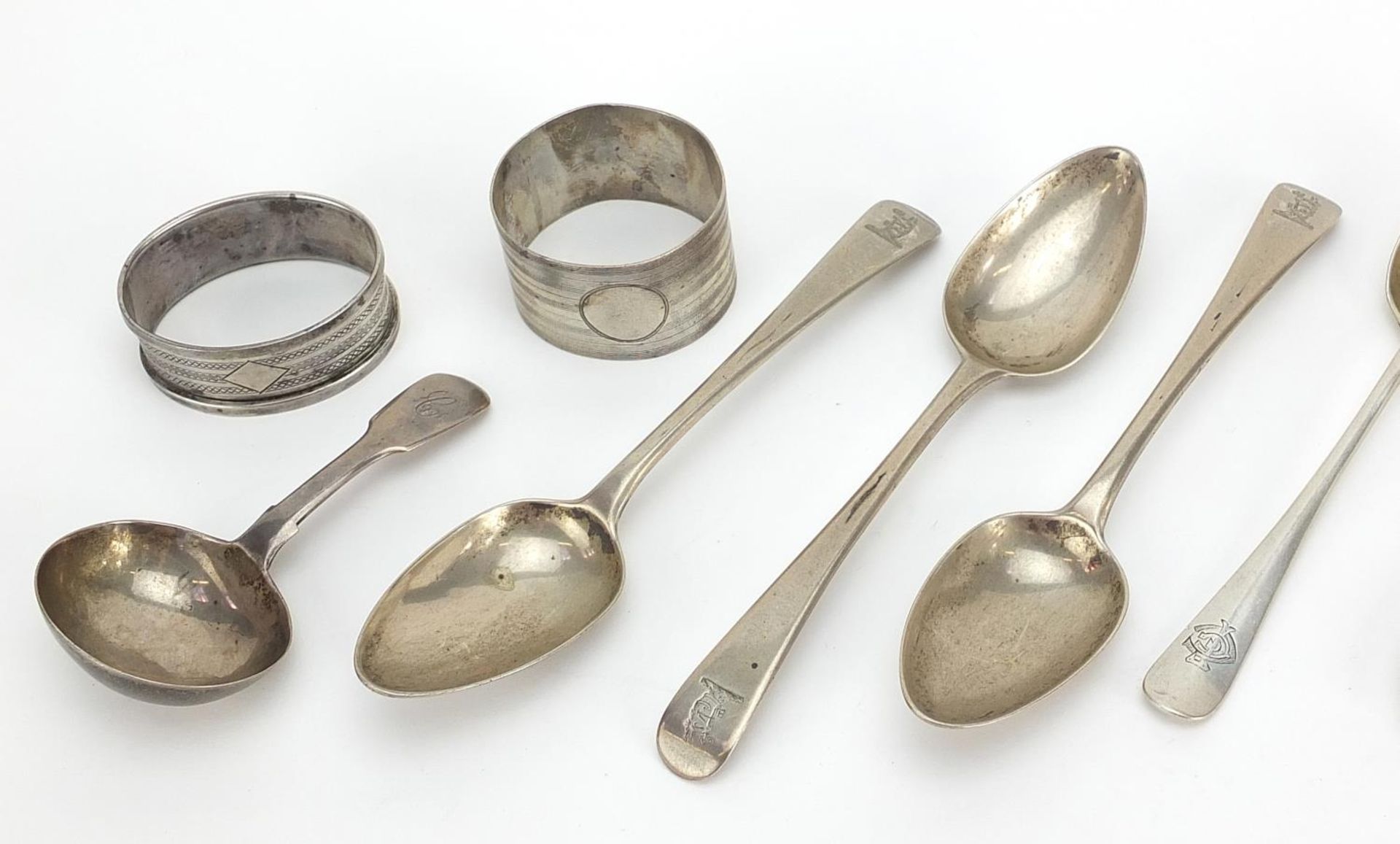 Georgian and later silver including caddy spoon, napkin rings and teaspoons, various hallmarks, - Image 3 of 7