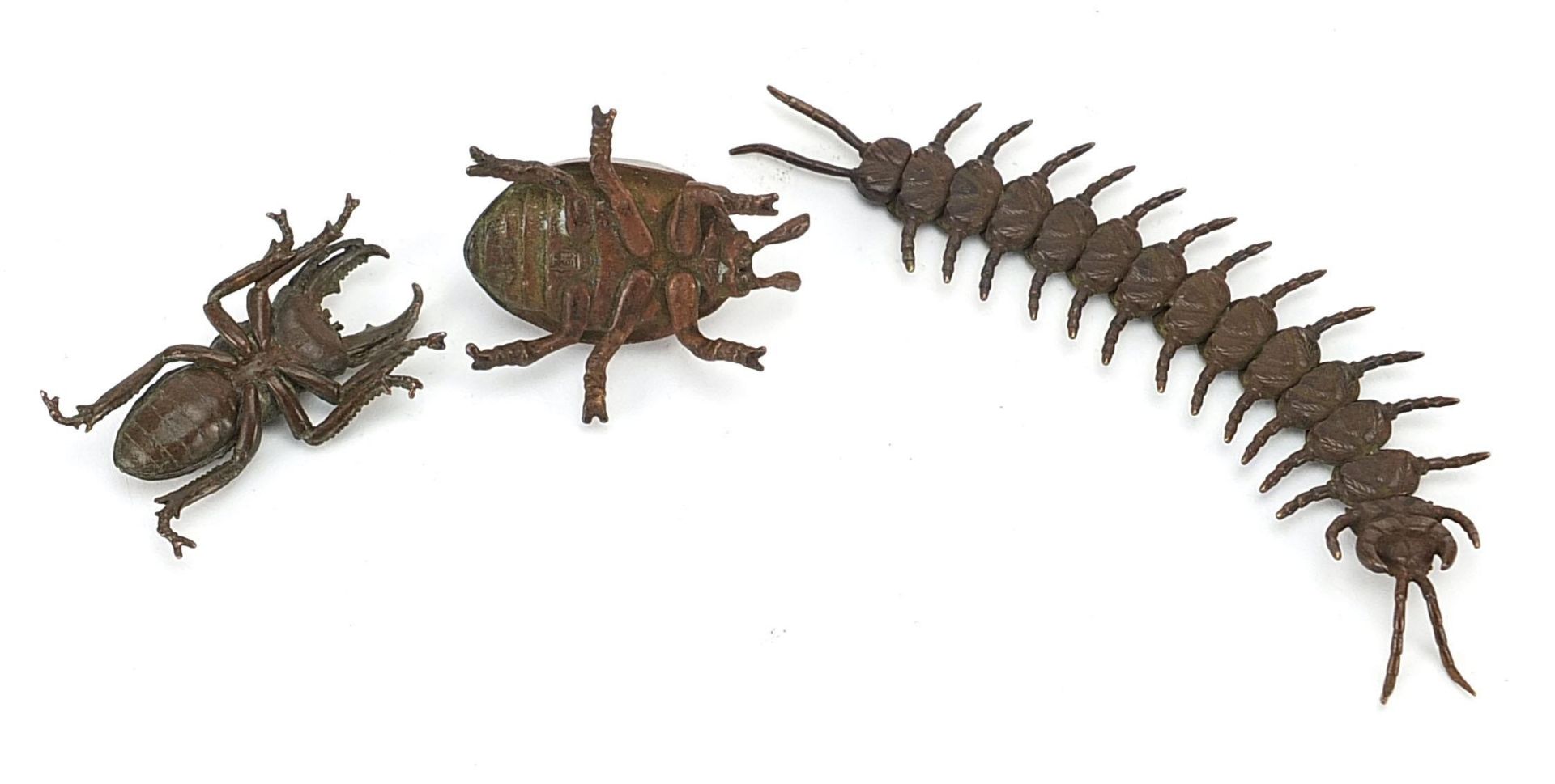Three Japanese patinated bronze insects comprising centipede with articulated body and two - Image 7 of 9