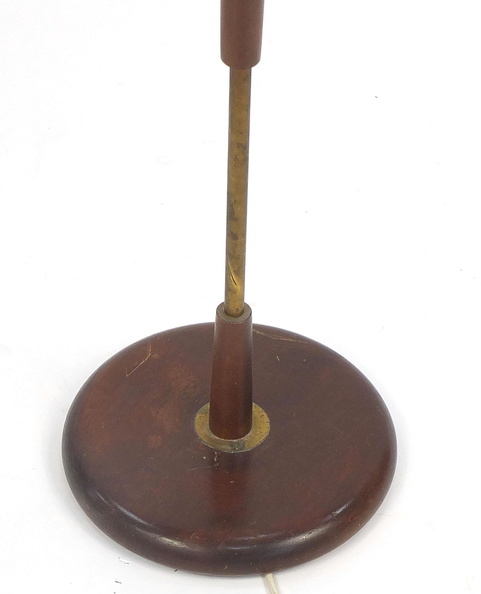 Vintage brass and teak standard lamp with silk lined shade, 177cm high - Image 3 of 4