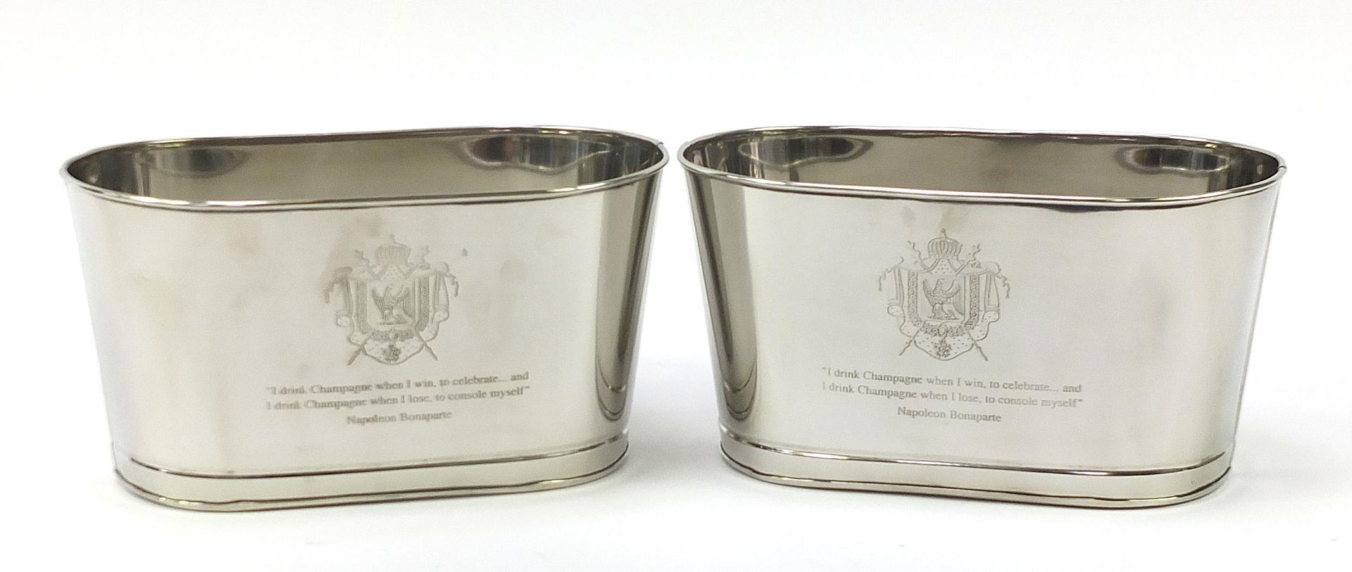 Pair of silver plated ice buckets with Napoleon Bonaparte and Lily Bollinger mottos, 18cm H x 35cm W
