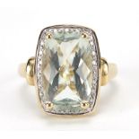 9ct gold green stone and diamond ring, possibly green amethyst, size O, 5.2g