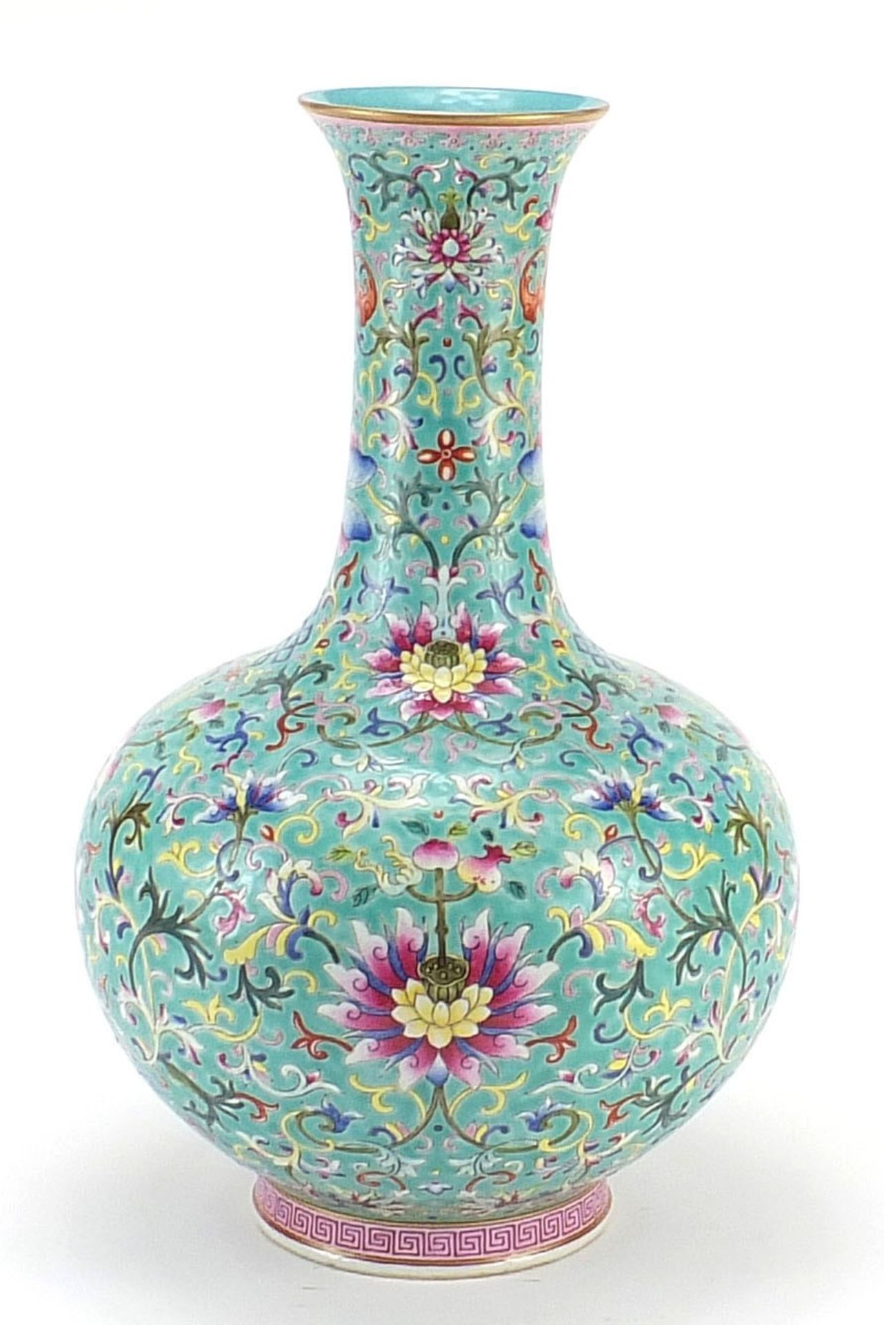 Large Chinese porcelain turquoise ground vase, finely hand painted in the famille rose palette - Image 5 of 11