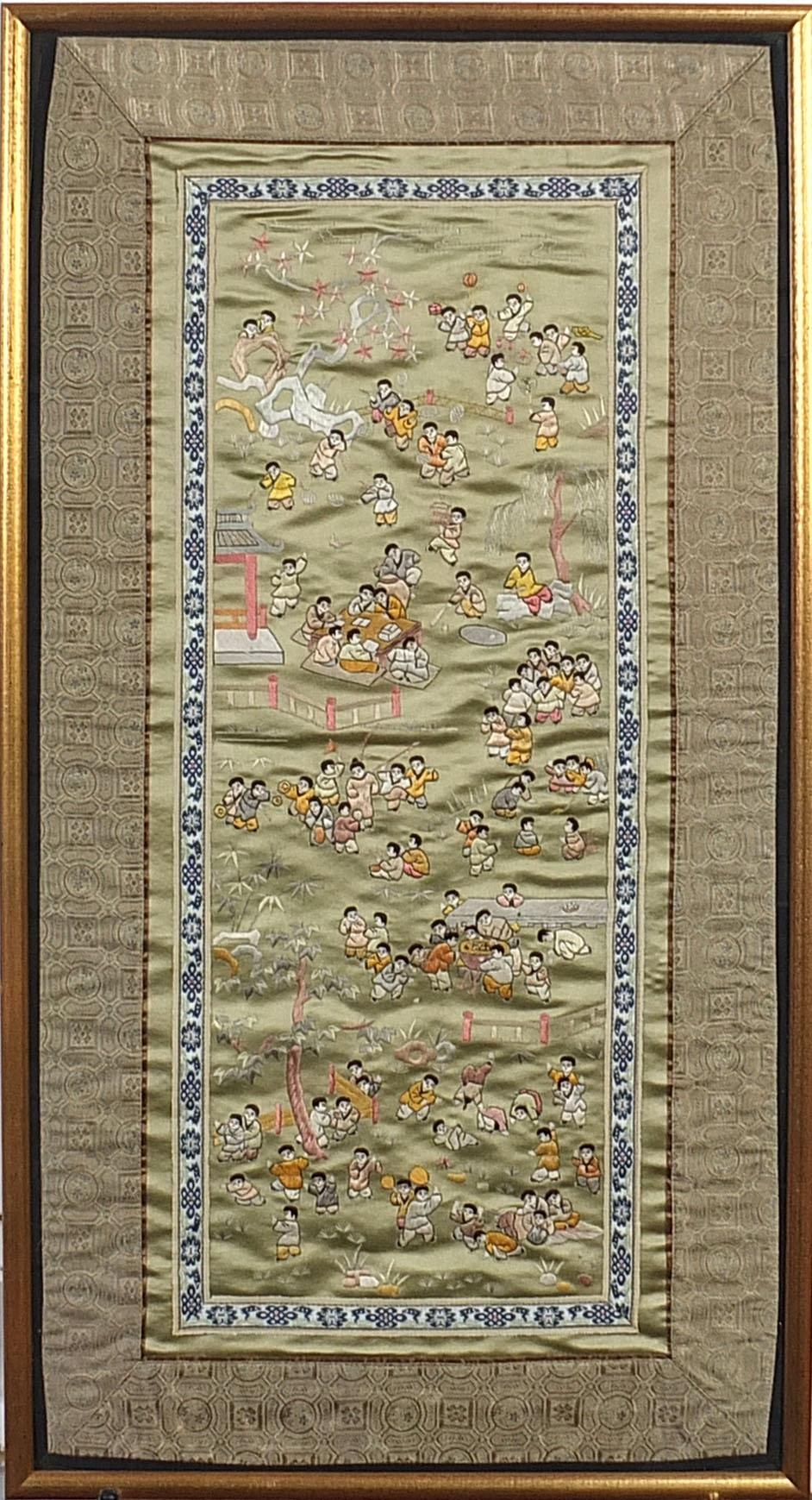 Pair of Chinese silk panels embroidered with one thousand children, mounted, framed and glazed, 54cm - Image 6 of 7