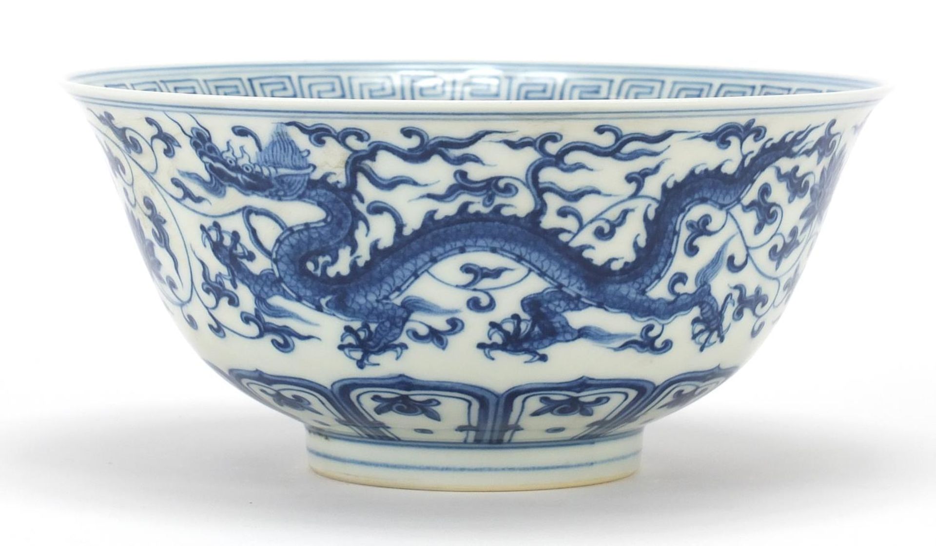 Chinese blue and white porcelain bowl hand painted with dragons, six figure character marks to the - Image 3 of 10