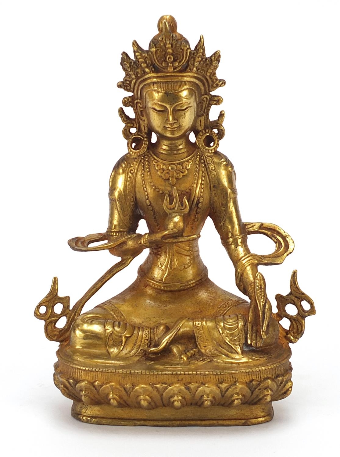 Chino Tibetan gilt bronze figure of seated buddha, 20cm high