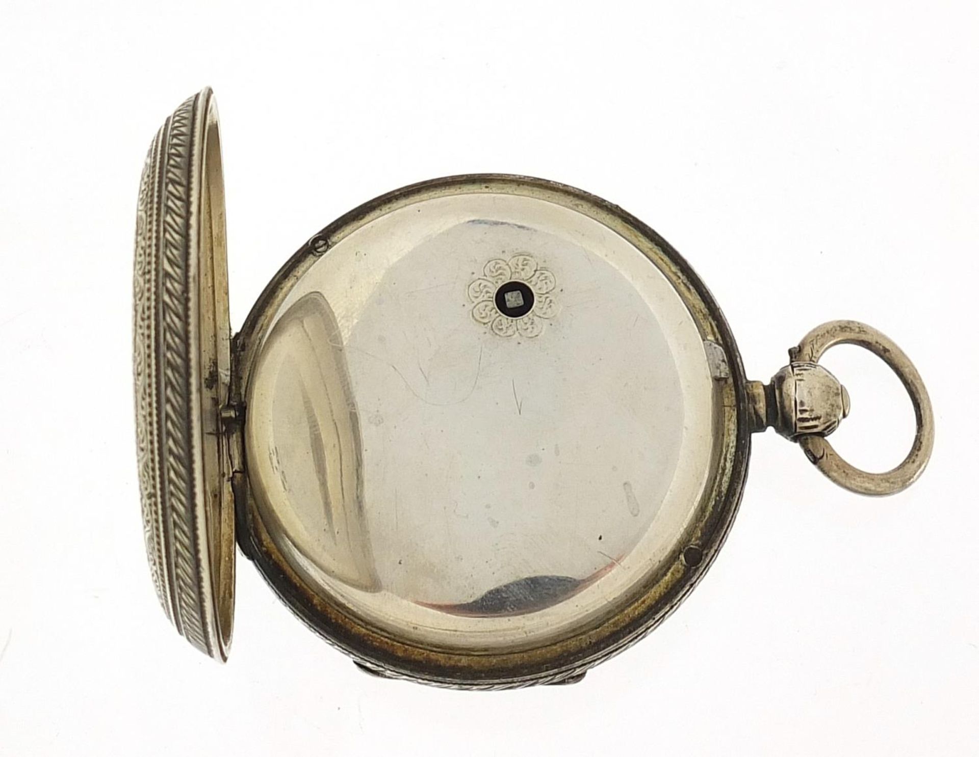 Victorian gentlemen's silver open face pocket watch with ornate silvered dial, the fusee movement - Image 7 of 8
