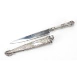 Texaco silver coloured metal letter opener in the form of a knife in a sheath, 18.5cm in length