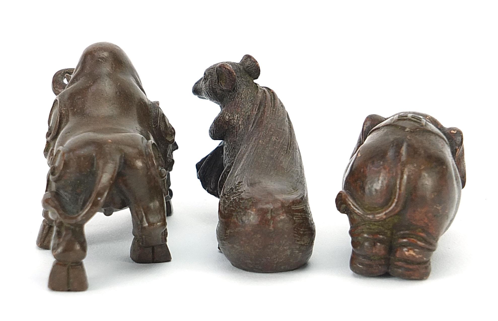 Three Japanese patinated bronze animals comprising bull, rat with a sack and elephant, each with - Image 3 of 10