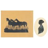 Three horses and portrait of a female, two 19th century silhouettes, each framed and glazed, the