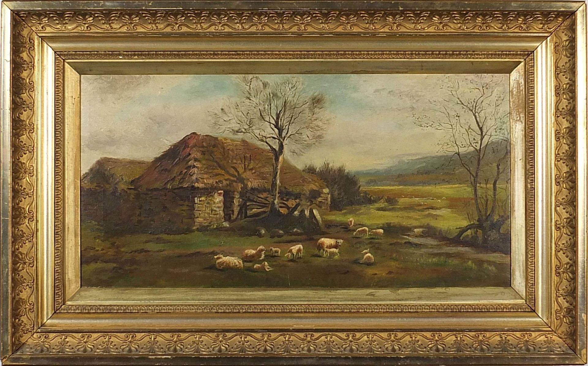 Sheep before a cottage and landscape, oil on canvas, mounted and framed, 59.5cm x 29.5cm excluding - Image 2 of 4