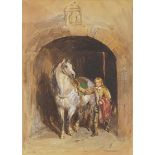Horse and soldier below an archway, heightened watercolour, remnants of paper label verso,