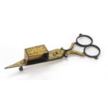 Turkish Damascene iron candle snuffers, 14cm in length