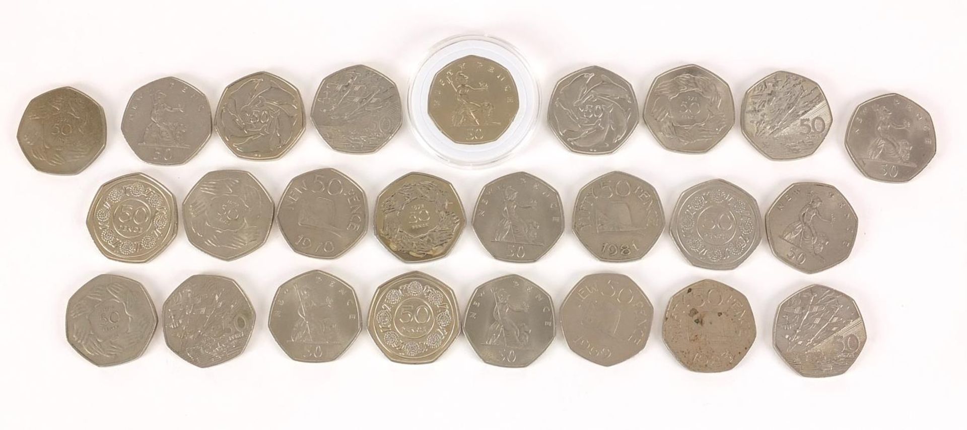 Selection of fifty pence pieces, various designs