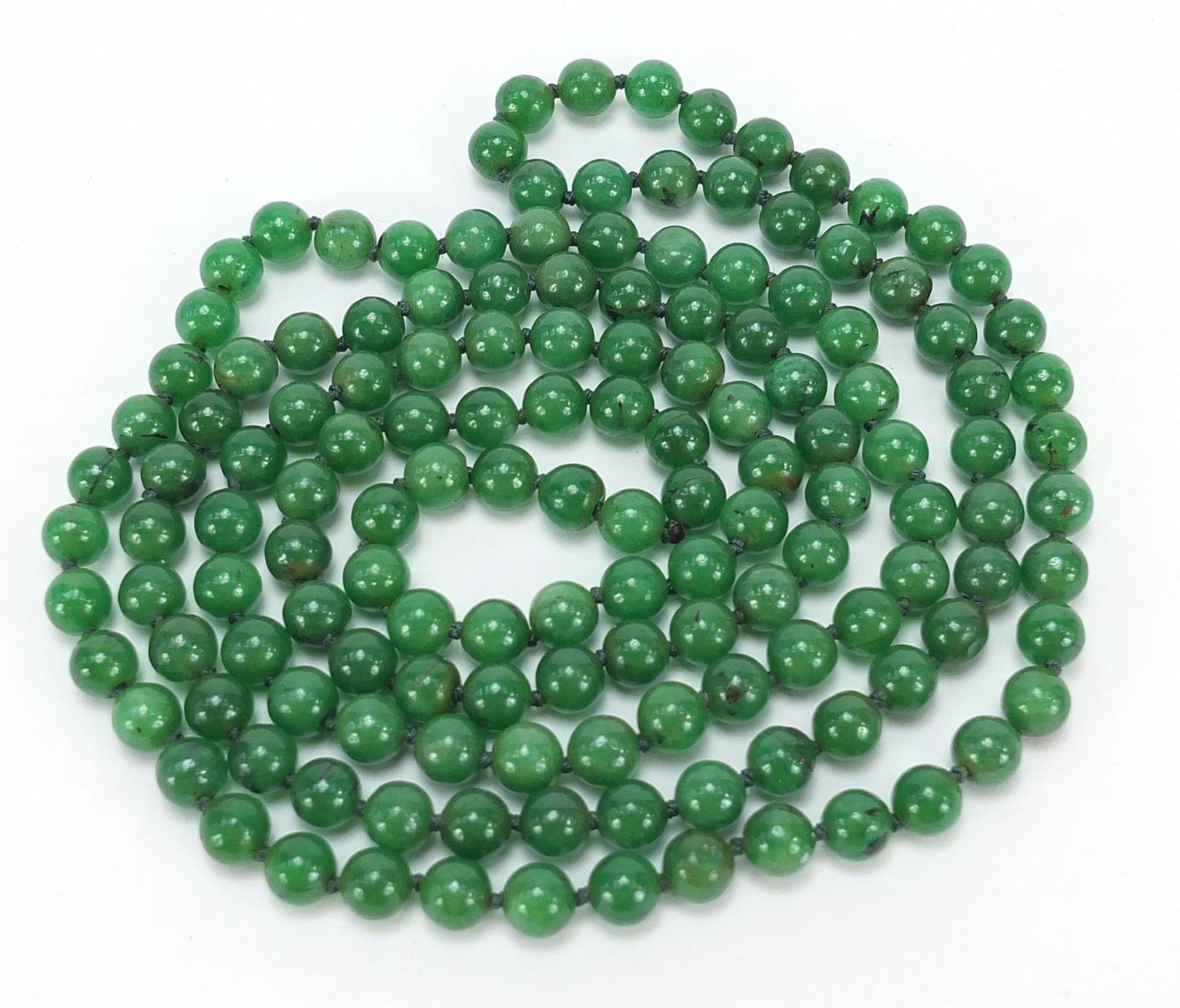 Chinese green jade bead necklace, 66cm in length - Image 2 of 2