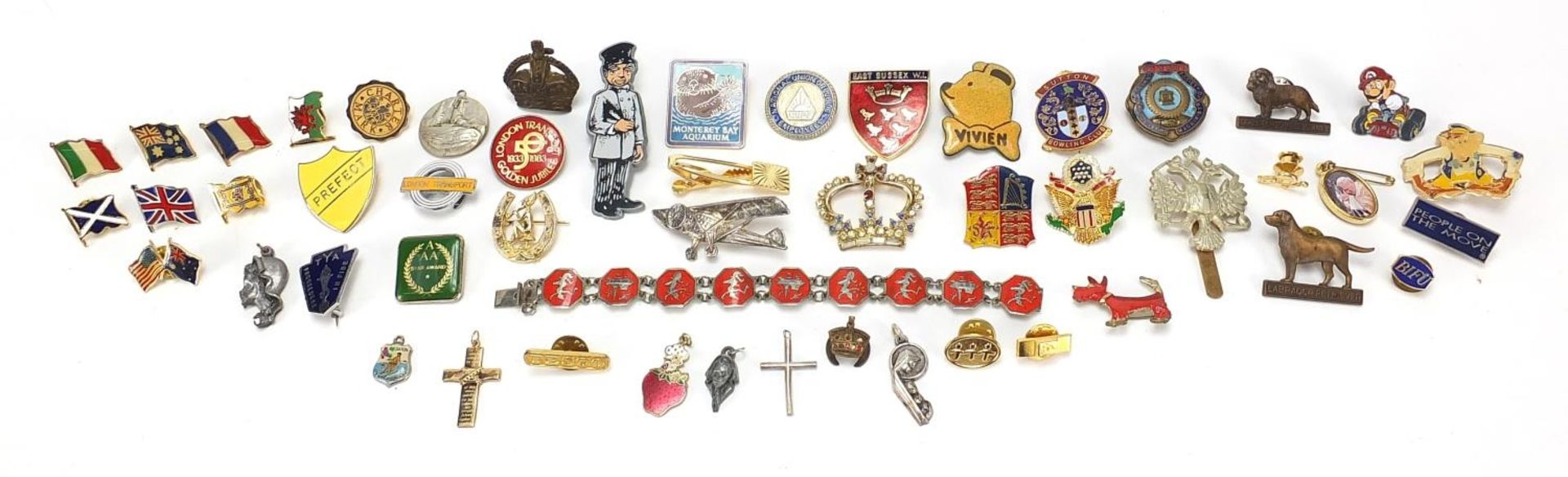 Vintage and later badges, some enamelled and a Siam silver and enamel bracelet