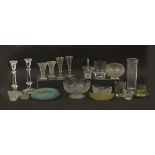 Antique and later glassware including a pair of Western Germany lead crystal candlesticks, Loetz