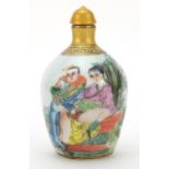 Chinese porcelain snuff bottle hand painted with an erotic couple, 9.5cm high