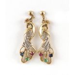 Pair of 9ct gold peacock design drop earrings, each set with a diamond, ruby, sapphire and