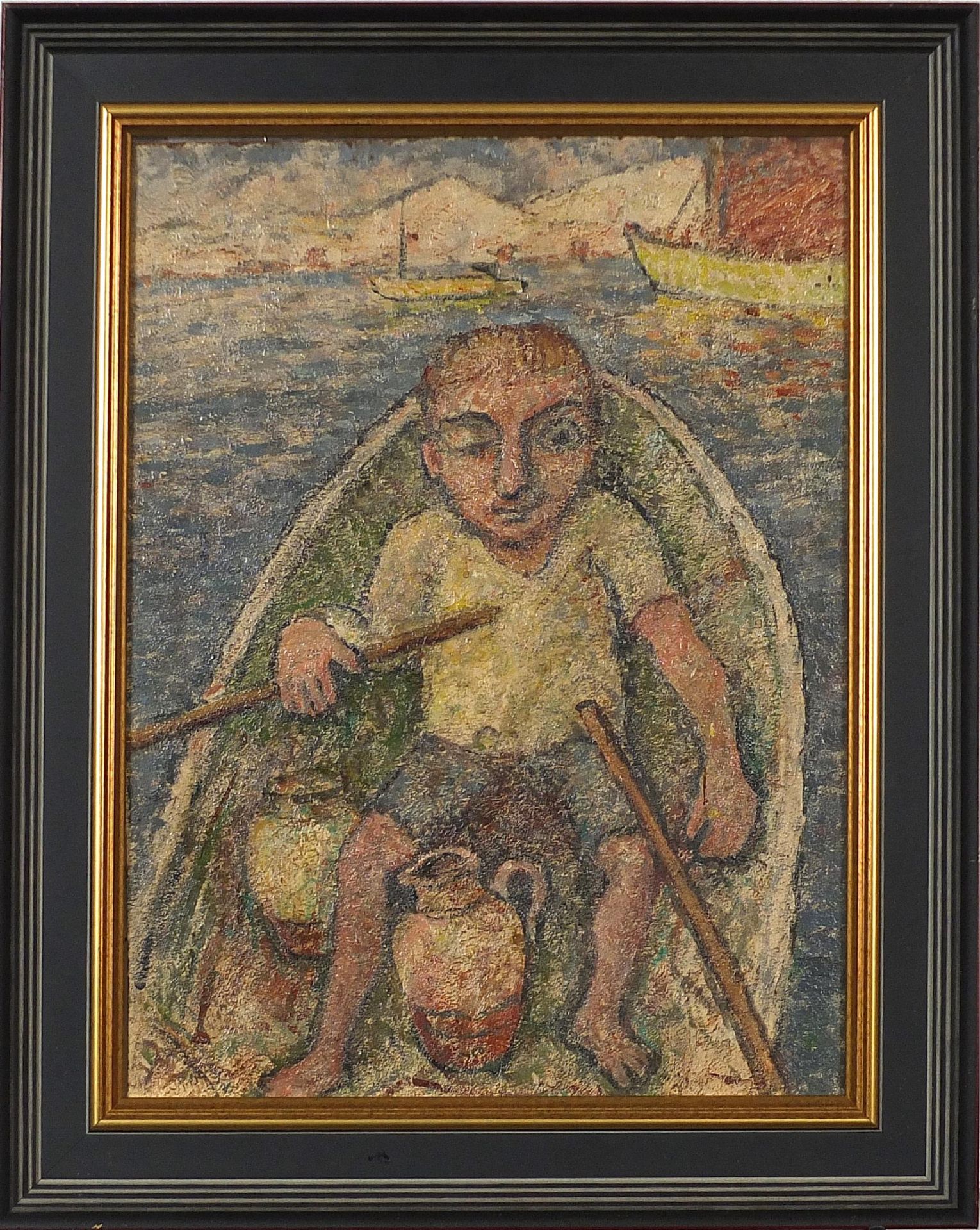 Figure rowing a boat, oil on board, mounted and framed, 38.5cm x 29cm excluding the mount and frame - Bild 2 aus 3