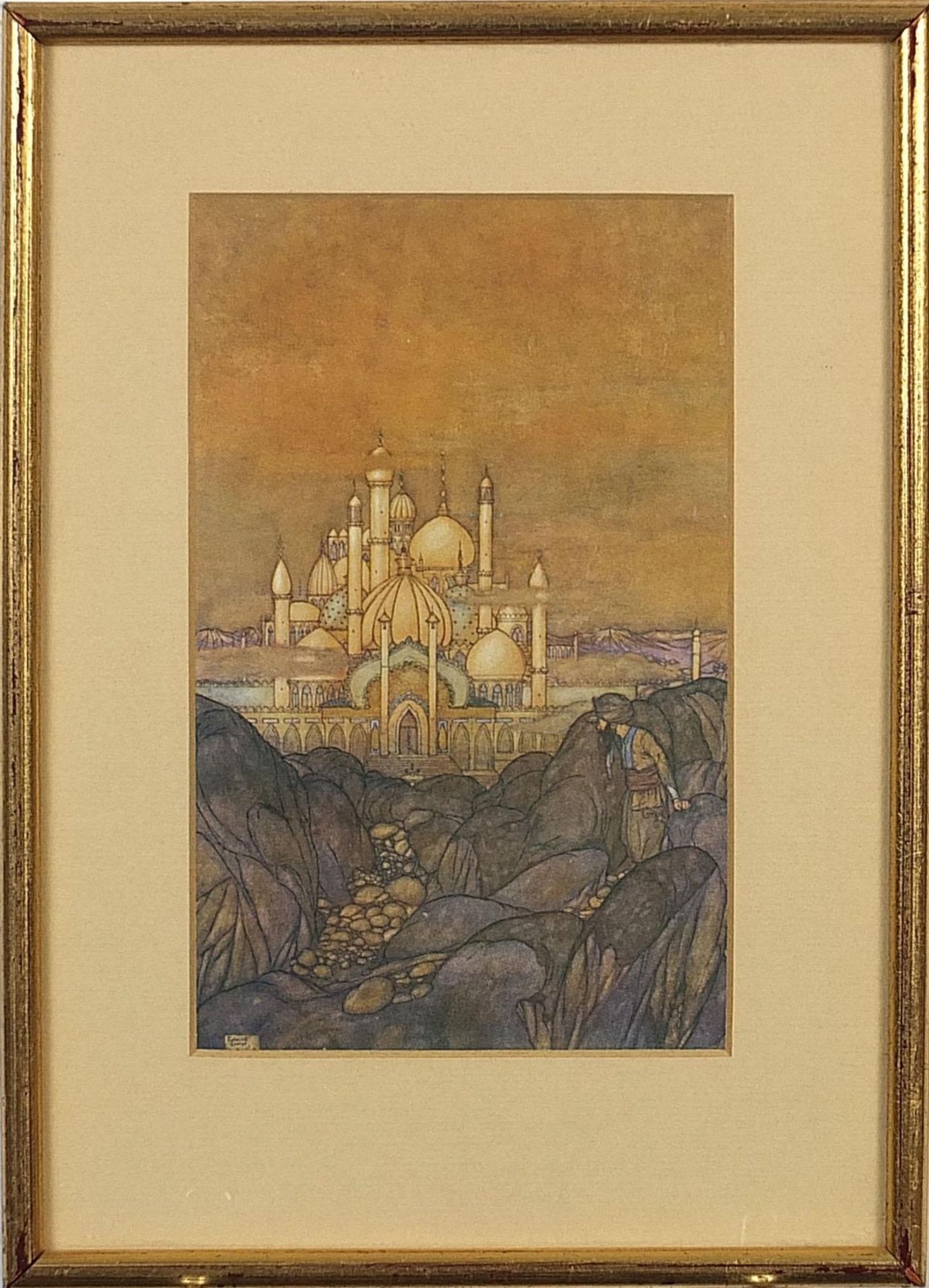 After Edmund Dulac - Seven prints in colour including a mosque and females dancing, mounted, - Bild 15 aus 28