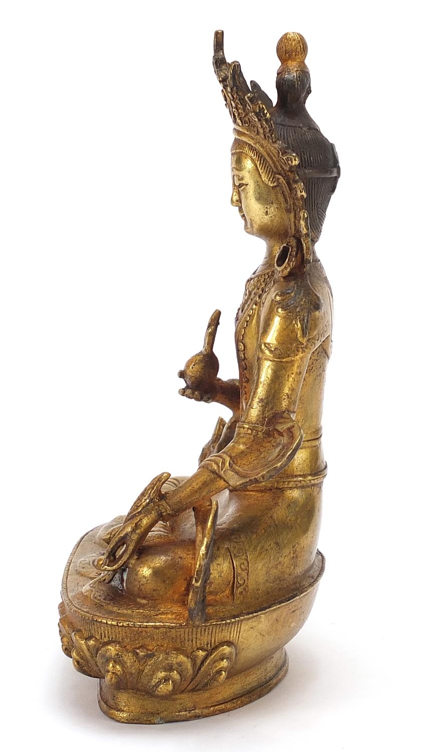 Chino Tibetan gilt bronze figure of seated buddha, 20cm high - Image 3 of 8