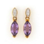 Pair of 9ct gold amethyst and diamond drop earrings, 1.4cm high, 1.3g