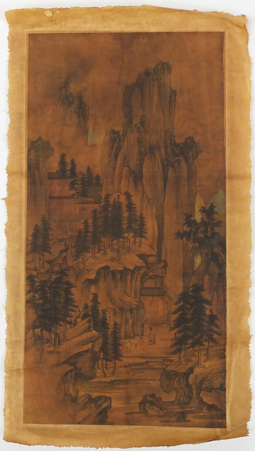 Chinese wall hanging scroll decorated with figures before mountains, 80cm x 30cm wide - Image 2 of 3