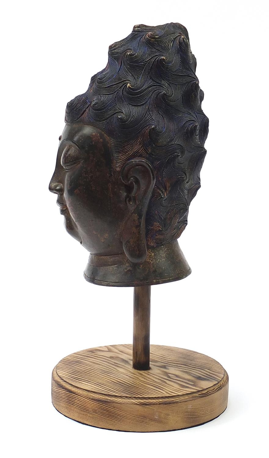 Chinese patinated bronze head of Buddha, overall 53cm high - Image 2 of 6