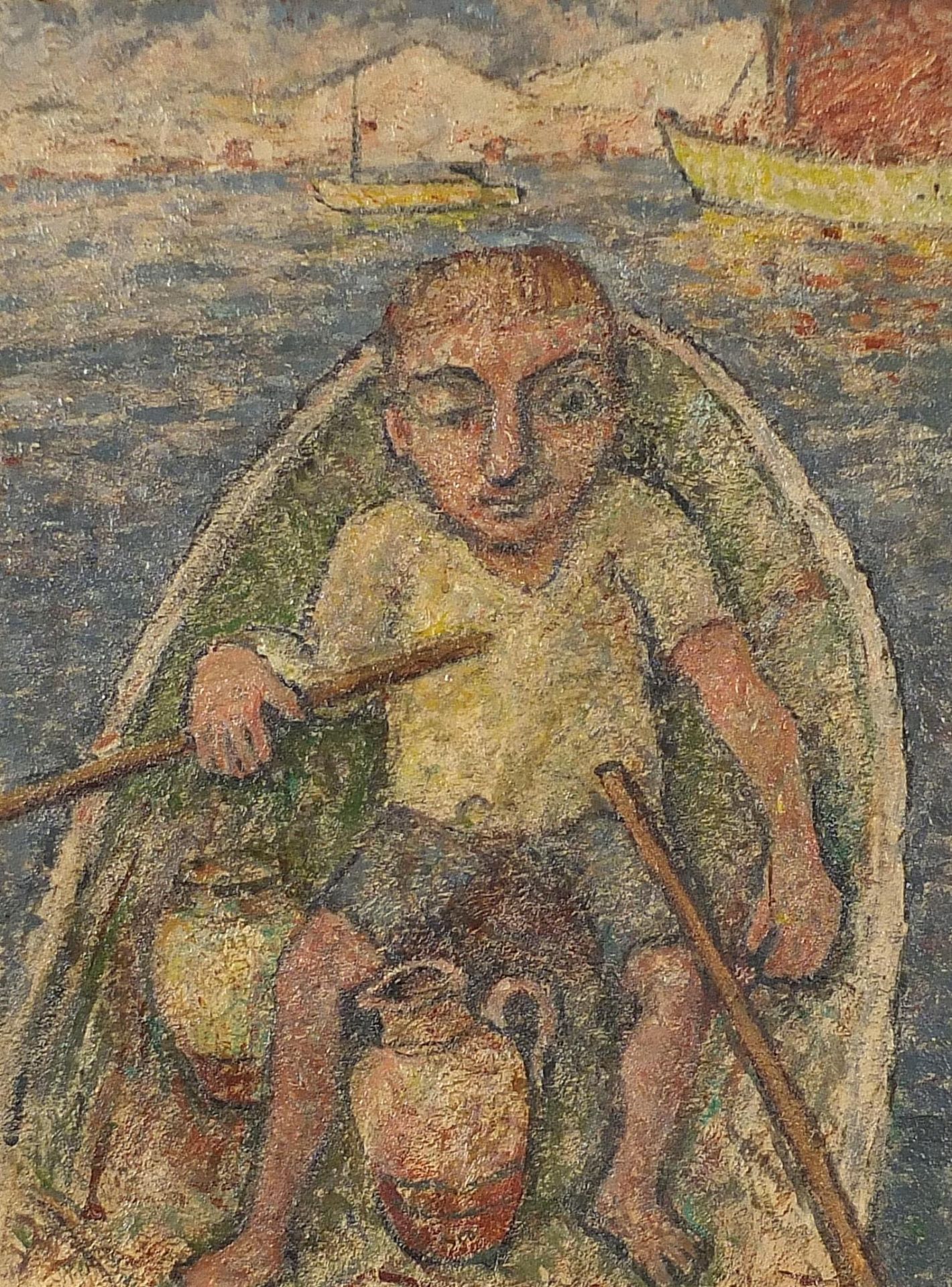 Figure rowing a boat, oil on board, mounted and framed, 38.5cm x 29cm excluding the mount and frame