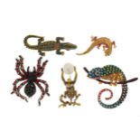 Five jewelled animal and insect brooches including spider and lizard, the largest 7.5cm in length