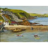 Harbour scene with boats before hills, Cornish school oil on canvas board, signed E Young, mounted