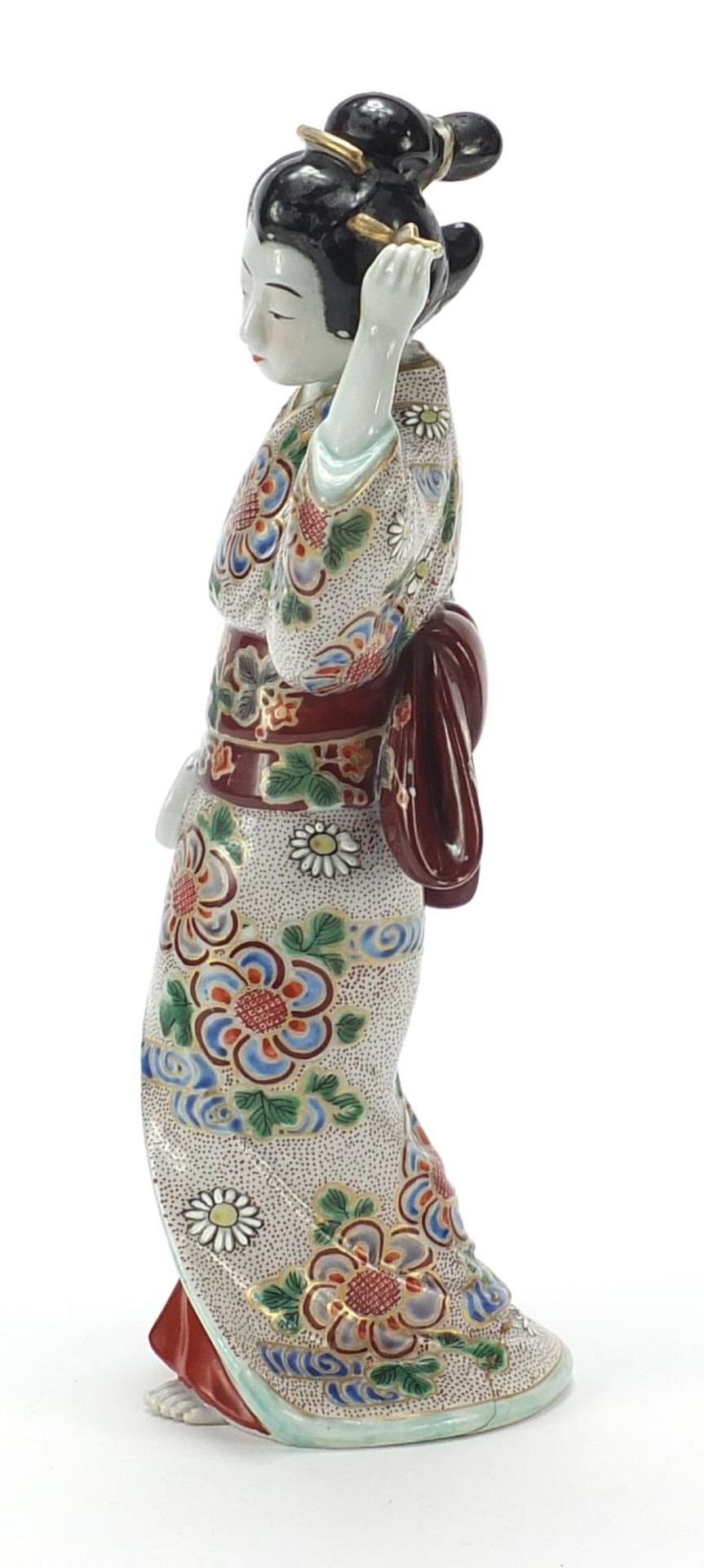 Japanese porcelain figure of a Geisha girl playing with her hair, 32cm high - Image 3 of 8