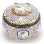 18th century enamel patch box with hinged lid and silver mounts, probably Staffordshire, 6cm in