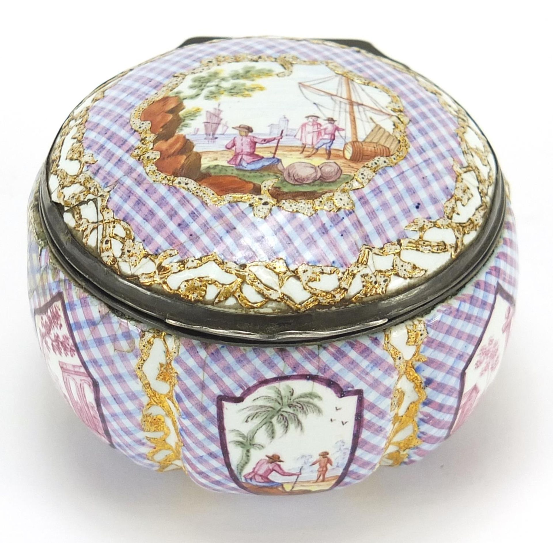 18th century enamel patch box with hinged lid and silver mounts, probably Staffordshire, 6cm in