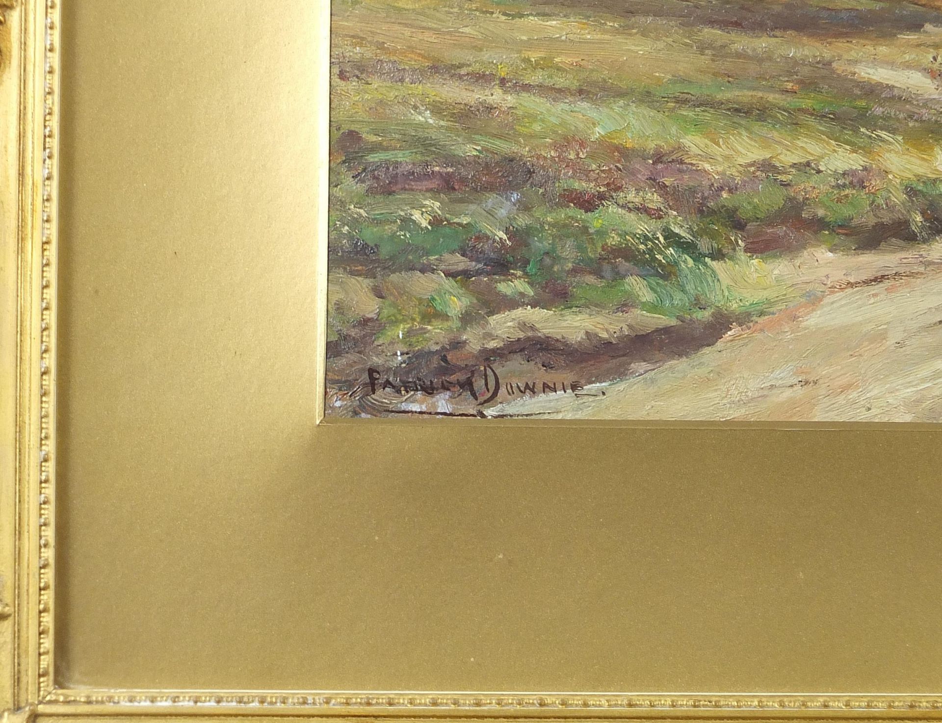 Patrick Downie - Moorland road, autumn, Thankerton, Scottish oil, details verso, mounted, framed and - Image 3 of 8