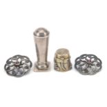 Silver objects comprising a pair of Victorian design garnet buttons, desk seal and dragonfly