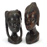 Pair of African carved hardwood busts of tribeswomen, the largest 32cm high