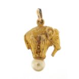 9ct gold and pearl circus elephant charm, 1.6cm high, 3.2g