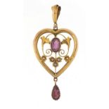 Art Nouveau 9ct gold amethyst, garnet and seed pearl love heart pendant, 4.5cm high, 1.9g