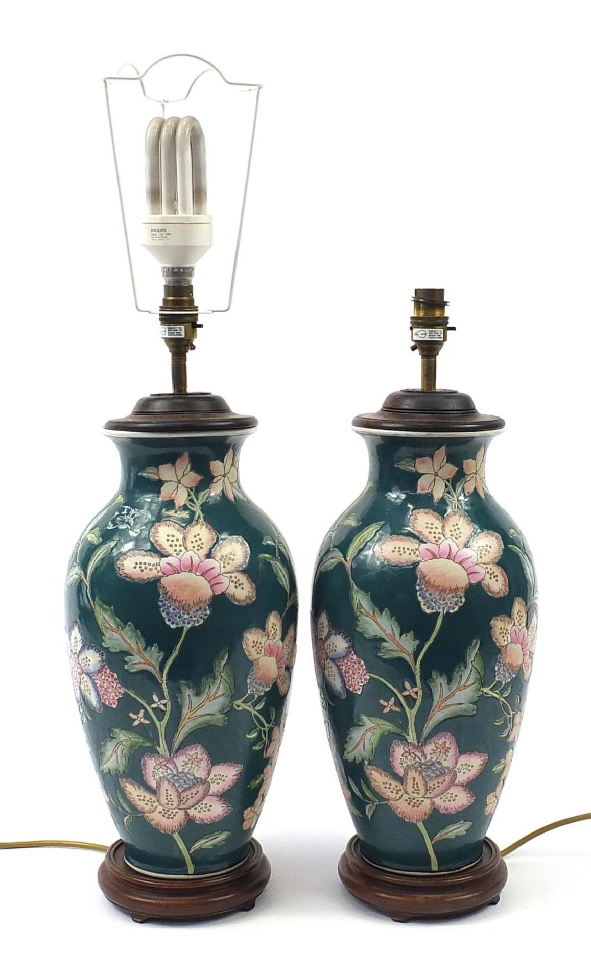 Pair of Chinese porcelain vase table lamps hand painted with flowers, each 53cm high