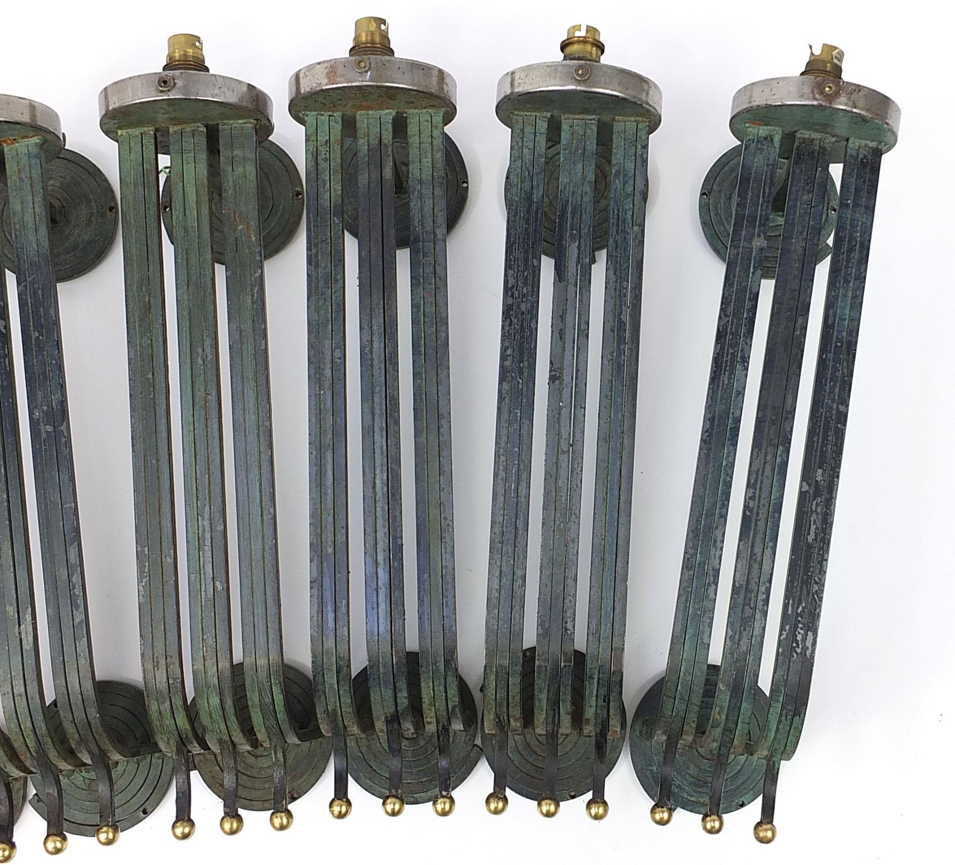 Set of six Art Deco steel wall sconces, each 56cm high - Image 3 of 4