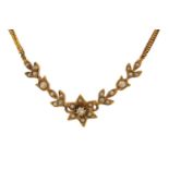 Unmarked gold diamond and seed pearl necklace, (tests as 15ct gold) 38cm in length, 8.0g