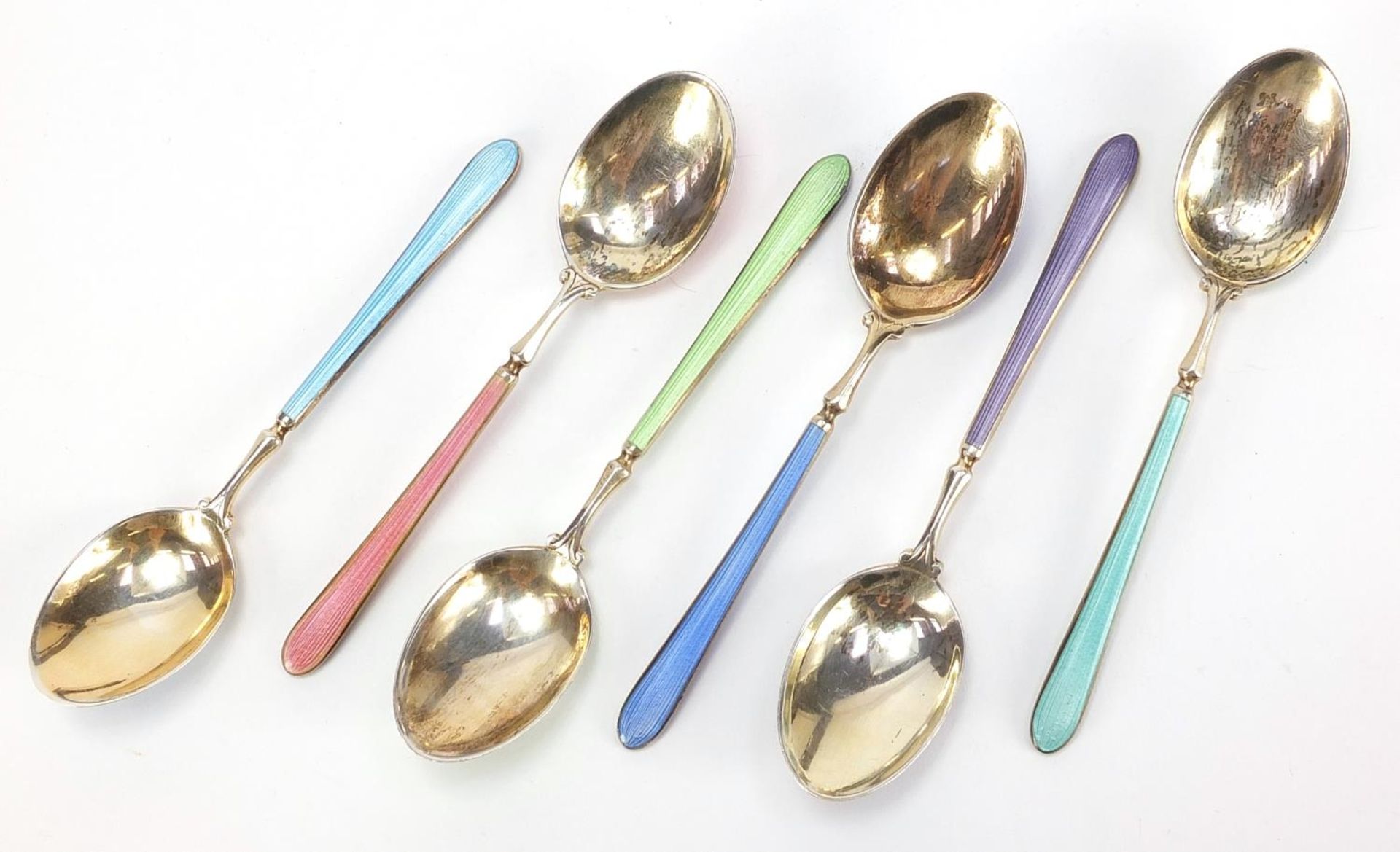 Walker & Hall, set of six silver and guilloche enamel teaspoons housed in a velvet and silk lined - Image 4 of 7