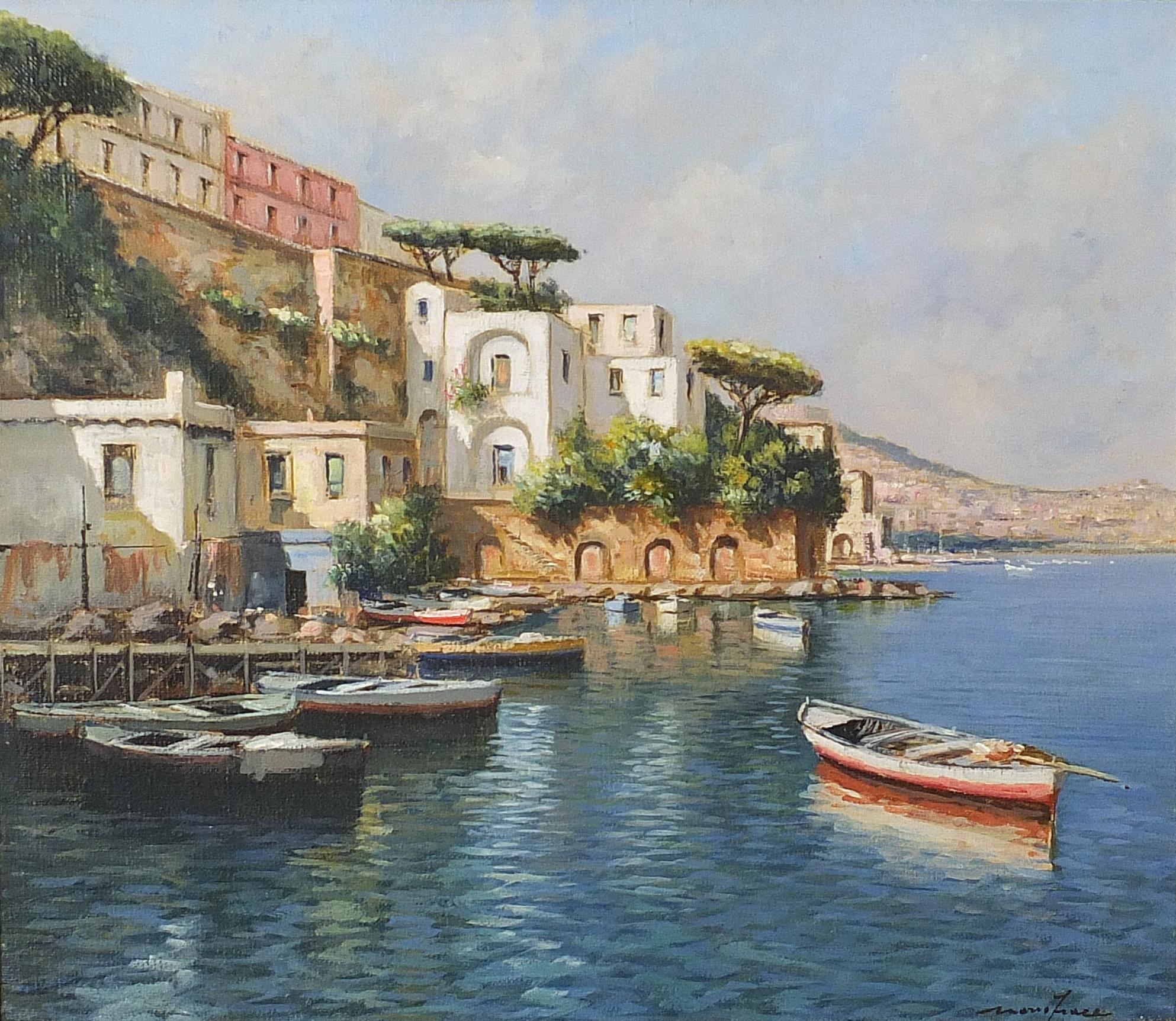 Mario Irace - Moored boats beside villas, Italian oil on canvas, with booklet, mounted and framed,