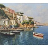 Mario Irace - Moored boats beside villas, Italian oil on canvas, with booklet, mounted and framed,