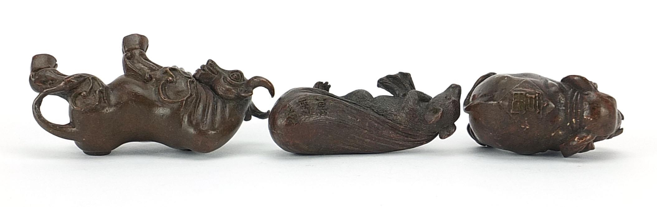 Three Japanese patinated bronze animals comprising bull, rat with a sack and elephant, each with - Image 6 of 10