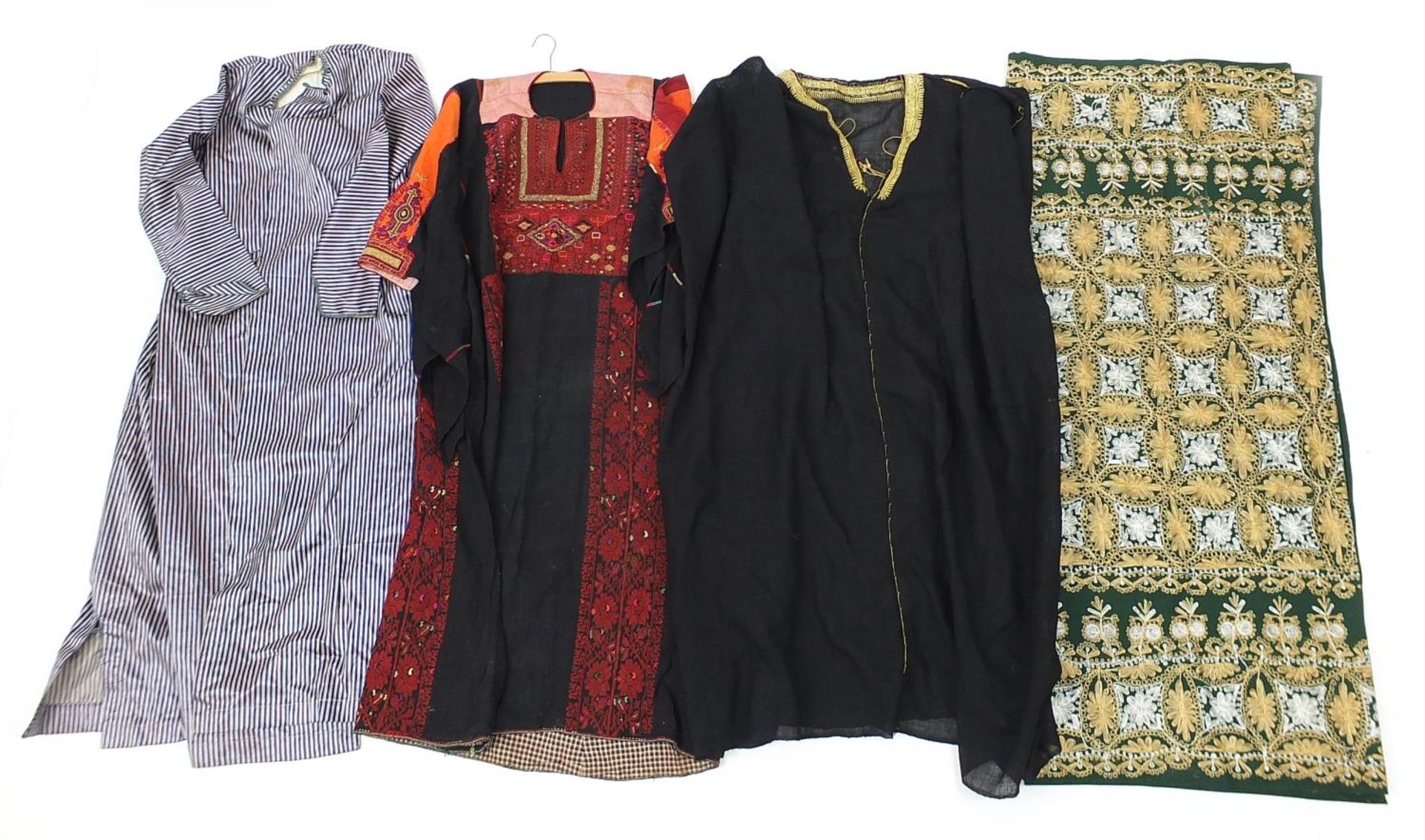 Indian clothing including two robes and a gown with label together with an embroidered throw