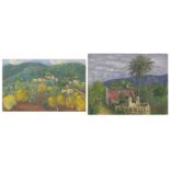Mountainous landscapes with villas, two continental oil on unstretched canvasses, each signed V