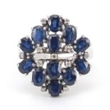 14ct white gold sapphire and diamond cluster ring, size N, 6.8g