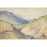 Sychnant Pass, Welsh school watercolour, mounted, framed and glazed, 25.5cm x 17.5cm excluding the